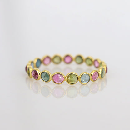 Genuine Multi Tourmaline Gemstone Eternity Band Ring 18K Gold