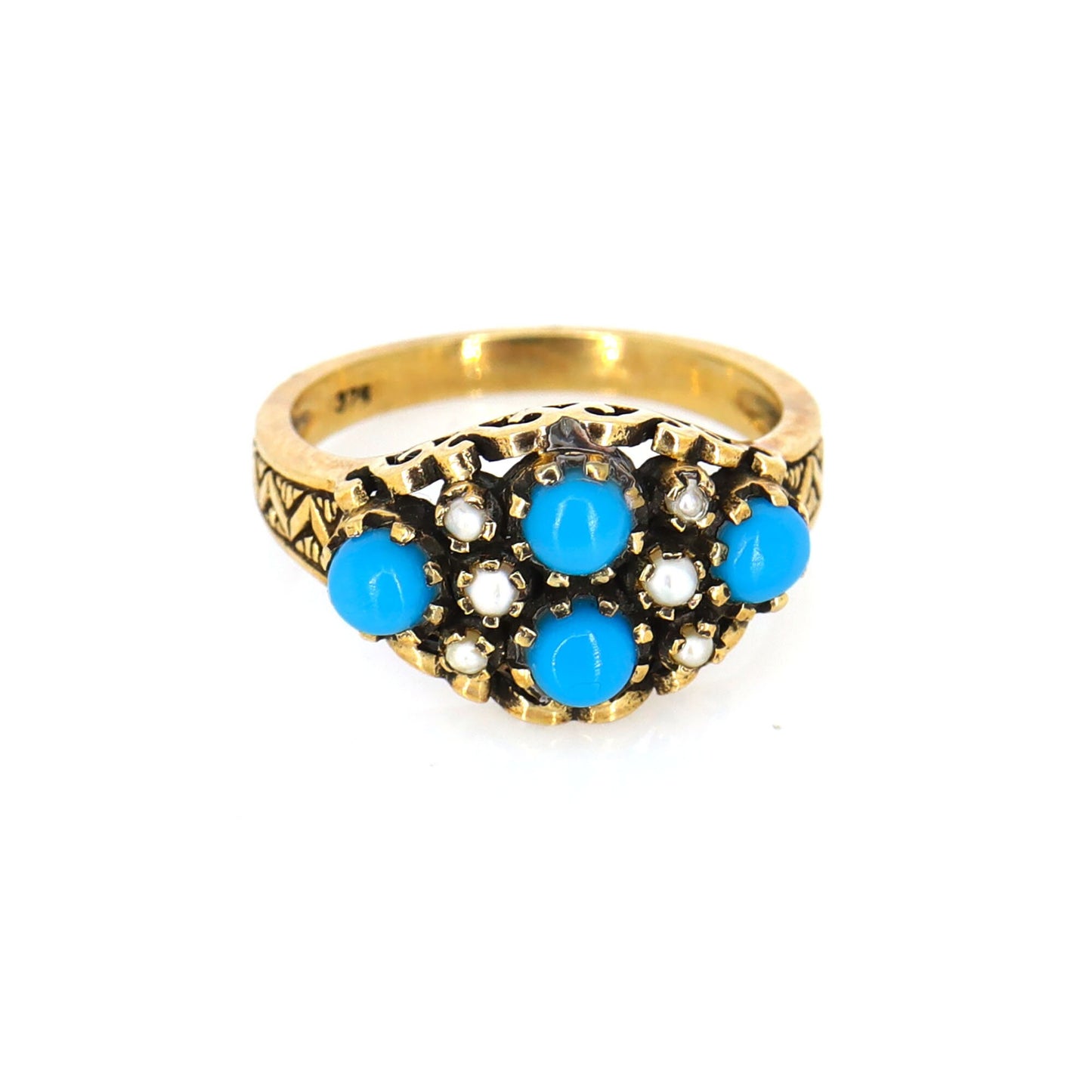 Antique 9K Persian Turquoise Pearl Cabochon Ring Gold