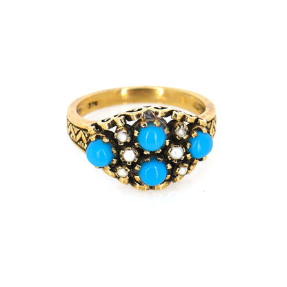 Antique 9K Persian Turquoise Pearl Cabochon Ring Gold