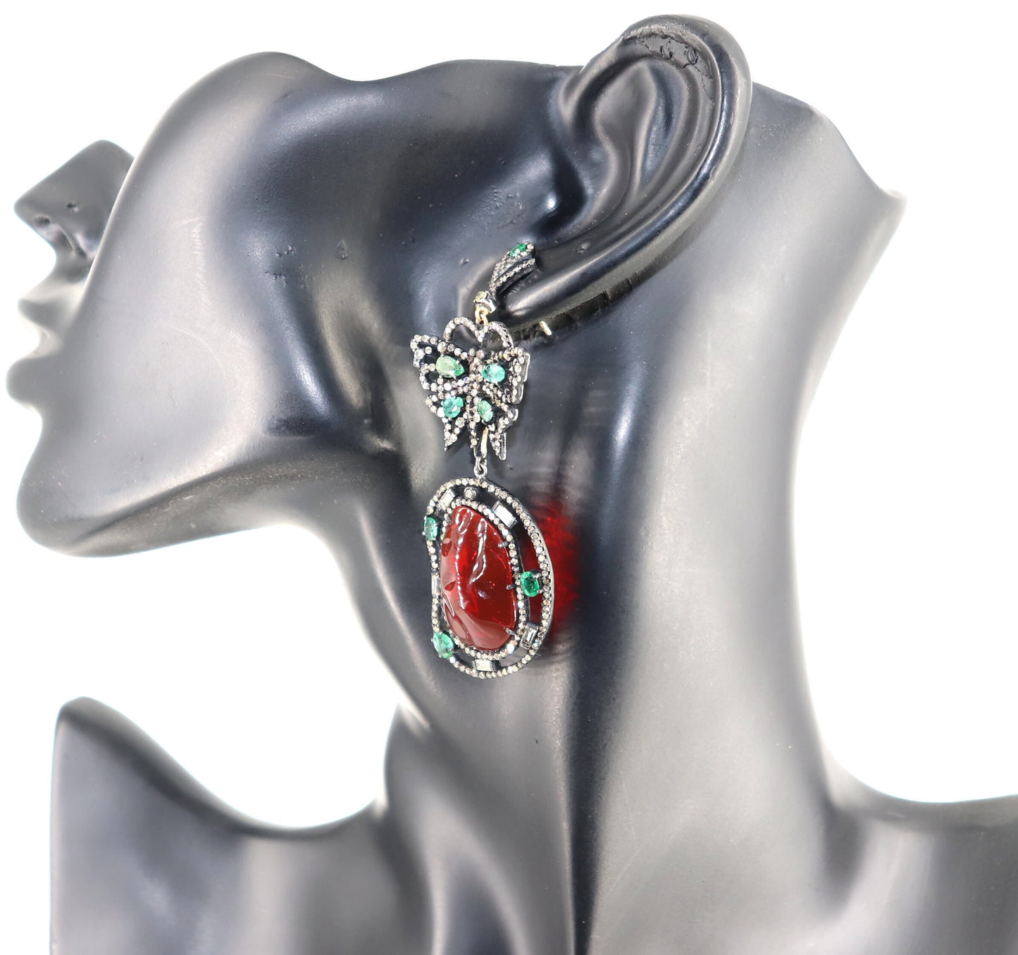 Genuine Fire Opal Emerald Pave Long Dangle Earring