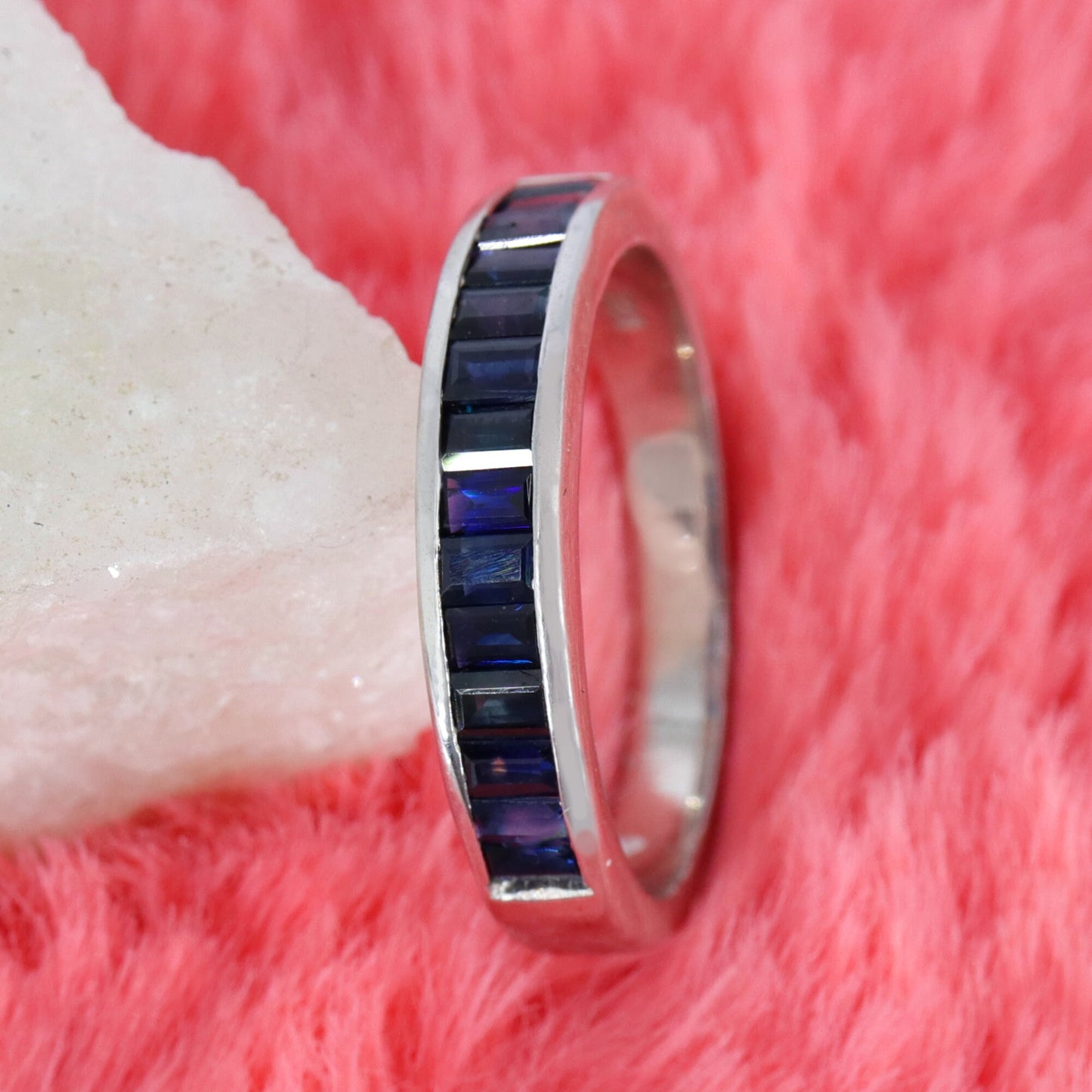Baguette Cut Blue Sapphire Ring Silver