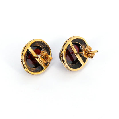 Oval Garnet Gemstone Studs Filigree Studs 9K Yellow Earring Gold