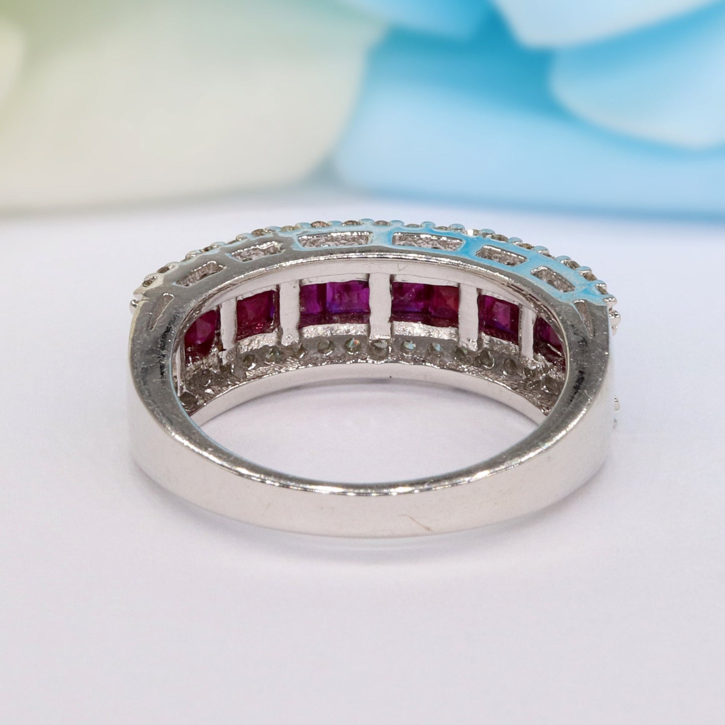 Triple Line Band Ruby Band 925 Sterling White Rhodium Plated Band Ring Silver