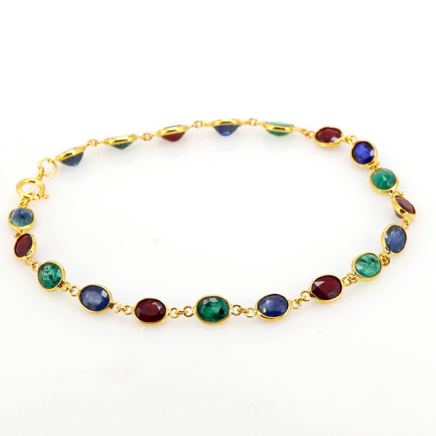 Blue Sapphire Emerald Ruby Gemstone Bezel Setting Bracelet 14K Gold