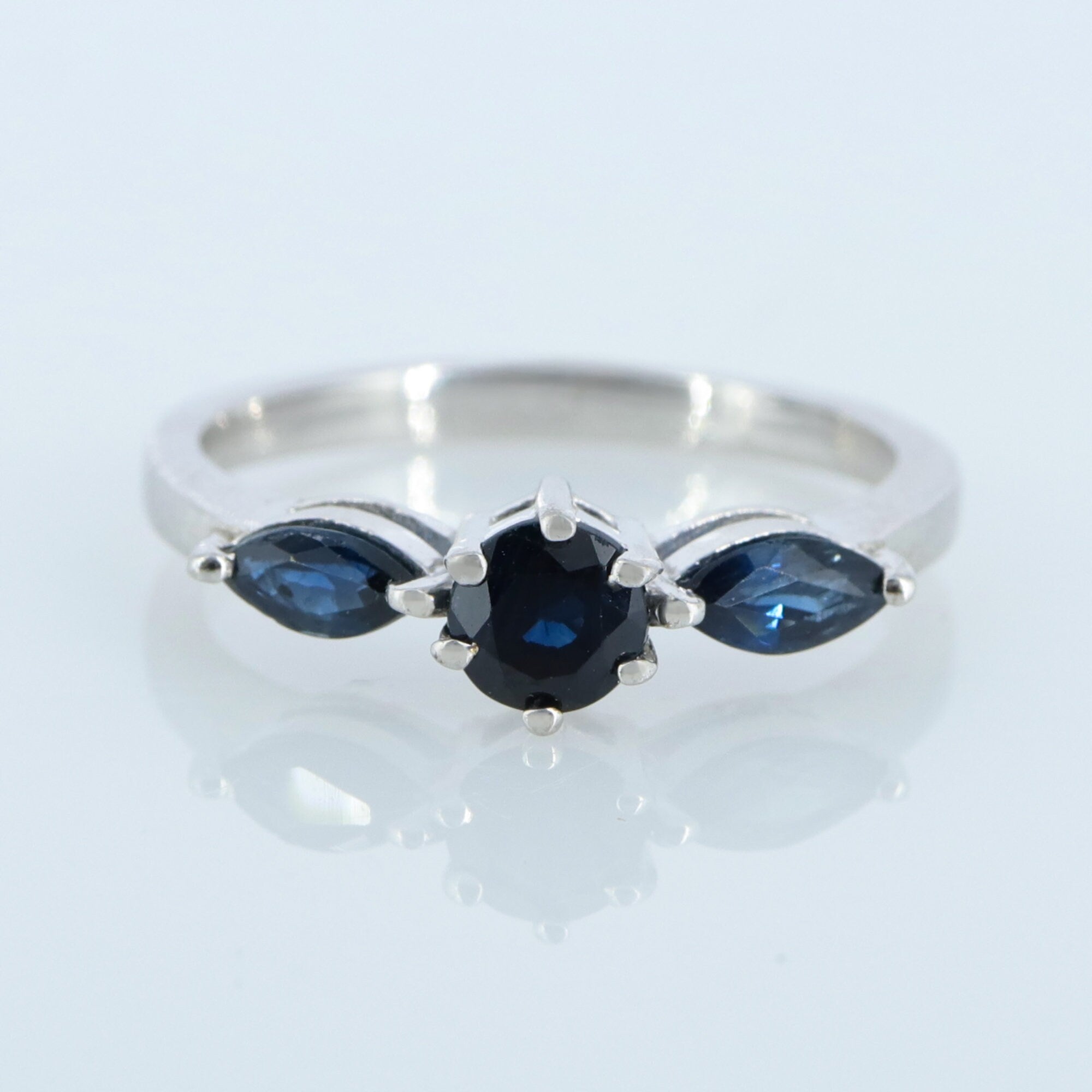 Round & Marquise Cut Gemstone Genuine Blue Sapphire Ring Silver