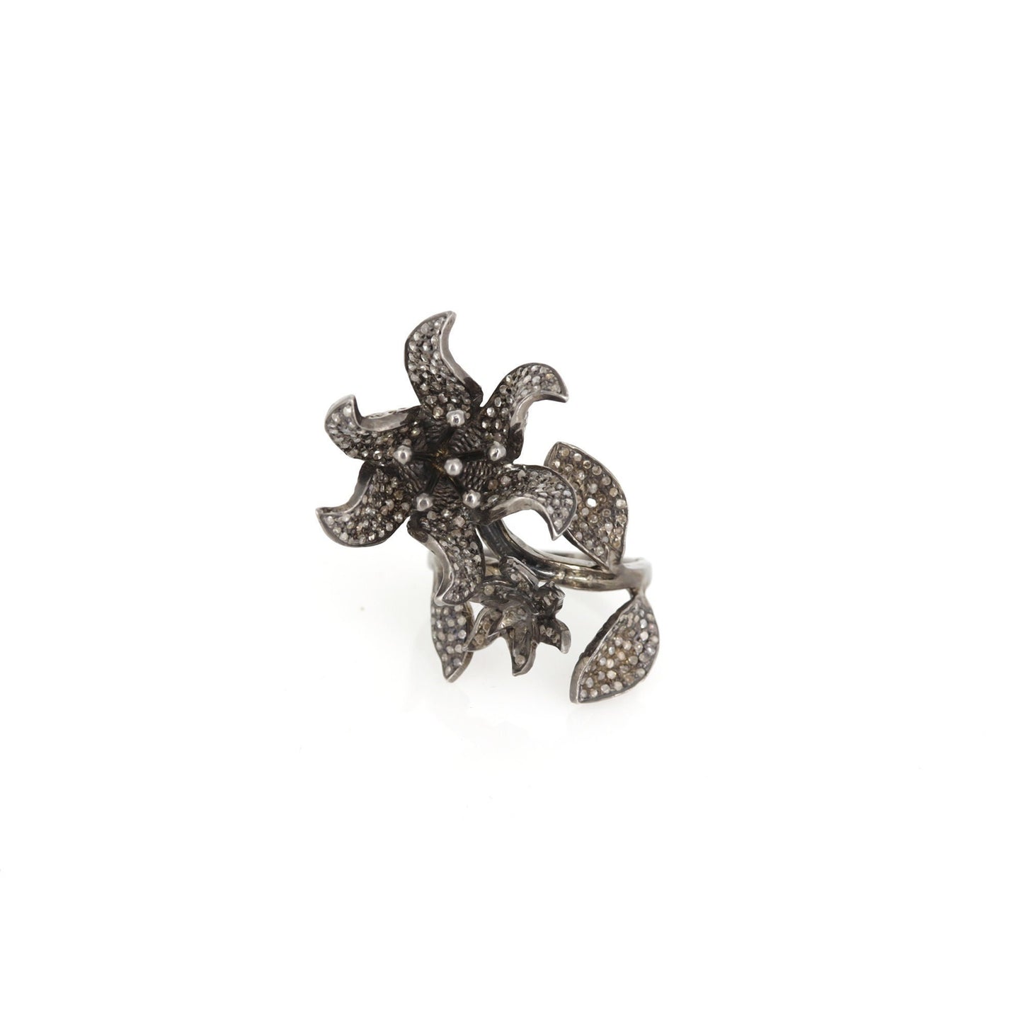Leaf Design Big Statement Pave Ring Silver