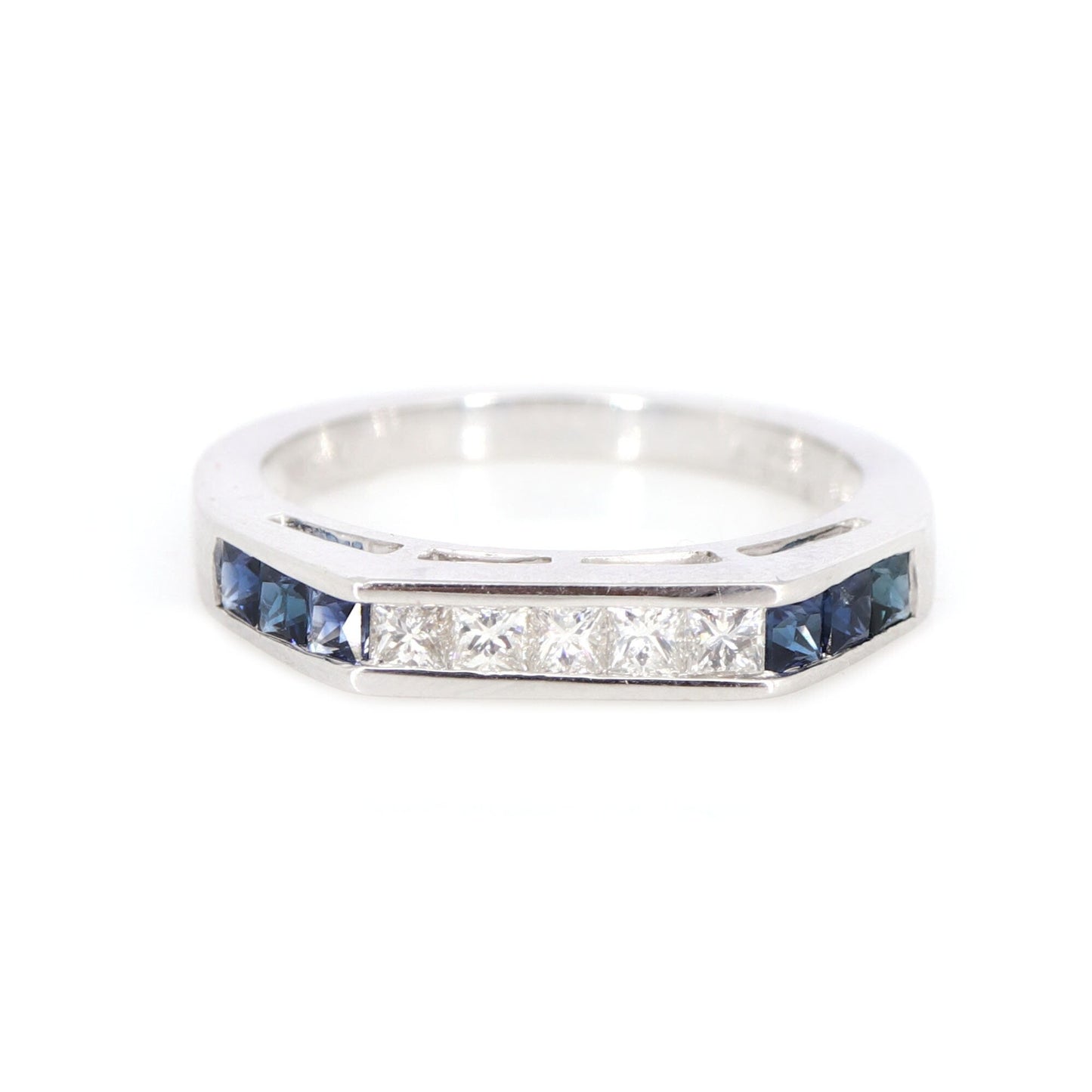 Unique Half Eternity Art Deco Wedding Band White Princess Cut Blue Sapphire Anniversary Unique Shape Band 18K Gold