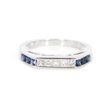 Unique Half Eternity Art Deco Wedding Band White Princess Cut Blue Sapphire Anniversary Unique Shape Band 18K Gold