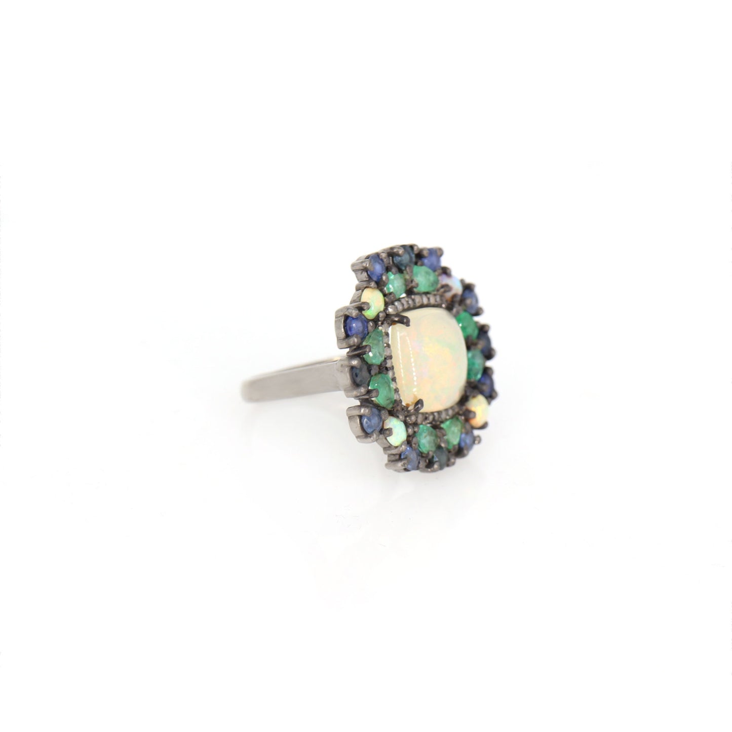 Opal Emerald Blue Sapphire Pave Handmade Statement Ring Silver