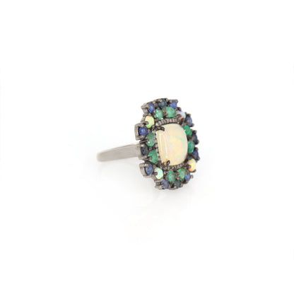 Opal Emerald Blue Sapphire Pave Handmade Statement Ring Silver