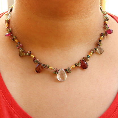 Solitaire Pear Cut Aquamarine Multi Tourmaline Beaded Necklace 18K Gold