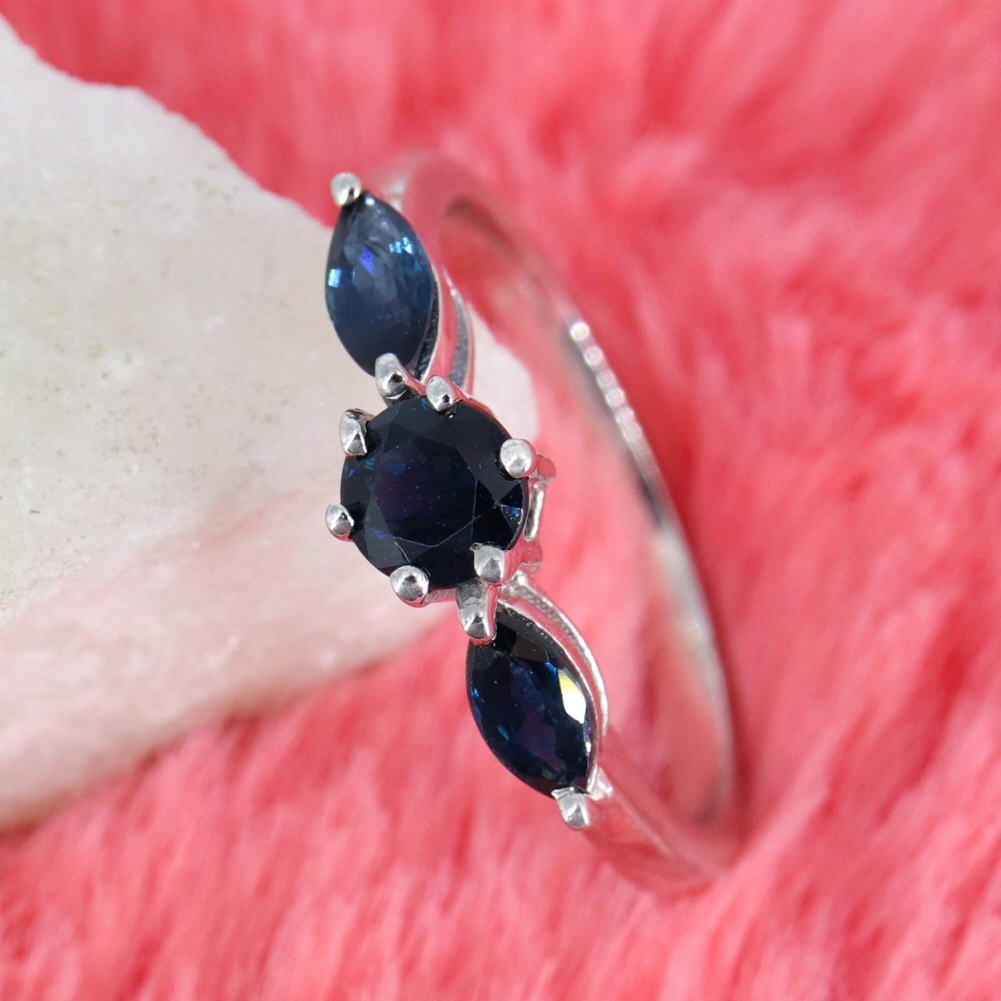 Round & Marquise Cut Gemstone Genuine Blue Sapphire Ring Silver