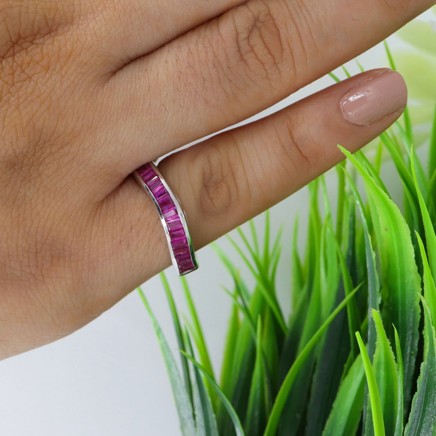 Baguette Cut Gemstone Ruby Ring Silver