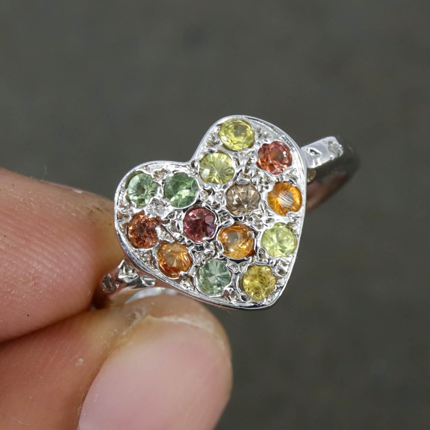 Heart Shape Multi Sapphire Sterling Ring Silver