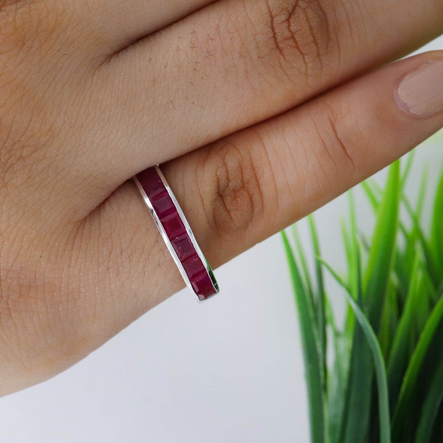 Faceted Square Cut Ruby Ring Silver