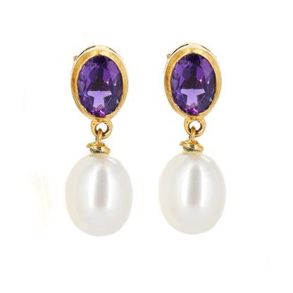 Amethyst Pearl Drop Earring Gold