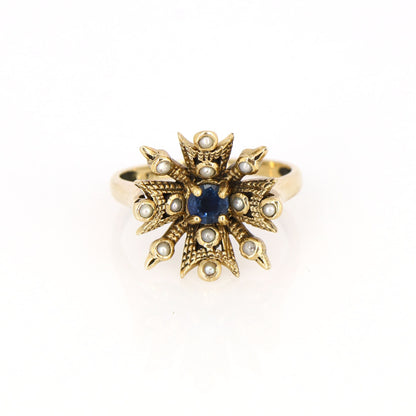 Antique Flower 9K Yellow Baroque Pearl Sapphire Ring Gold