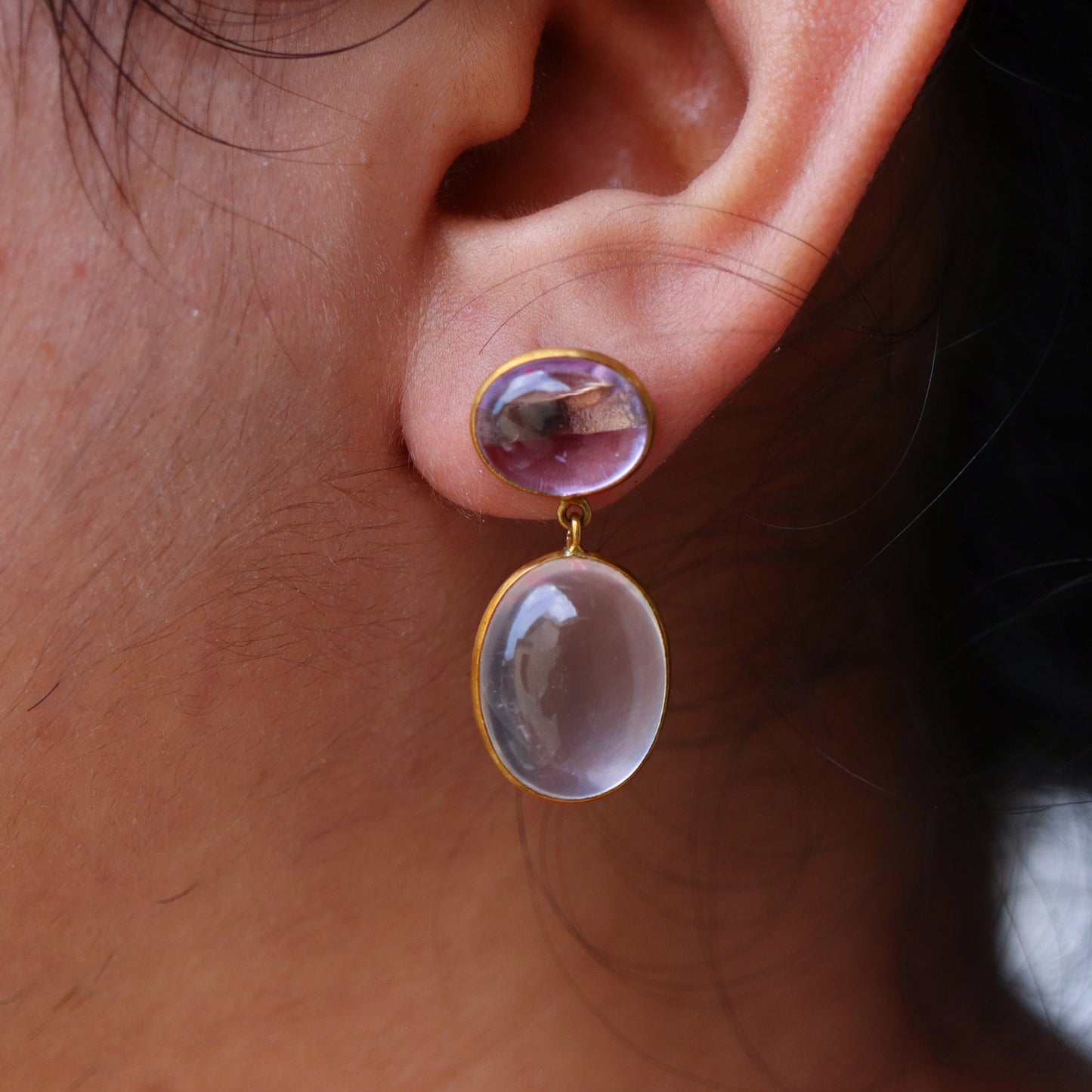 Amethyst & Rose Quartz Cabochon Earring 18K Gold