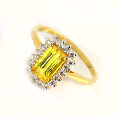 Art Deco Style Emerald Cut Yellow Sapphire Ring 14K Gold