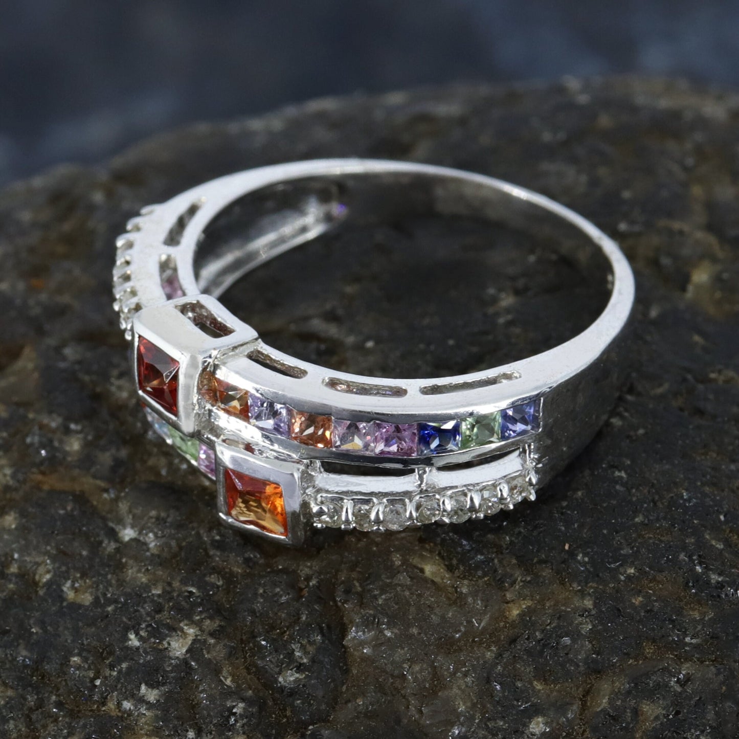 Princess Cut Multi Sapphire Ring Silver