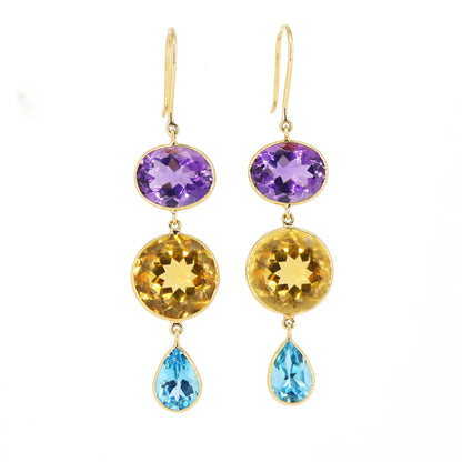 Yellow Handmade Citrine Blue Topaz Amethyst Hanging Earring 18K Gold