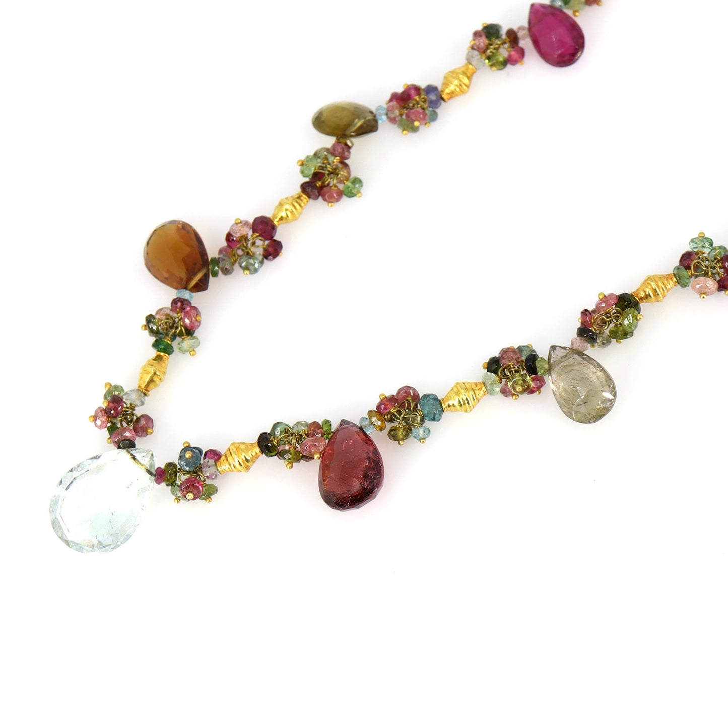 Solitaire Pear Cut Aquamarine Multi Tourmaline Beaded Necklace 18K Gold