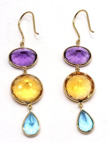 Yellow Handmade Citrine Blue Topaz Amethyst Hanging Earring 18K Gold