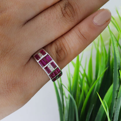 Baguette Cut Ruby Gemstone Ring Silver