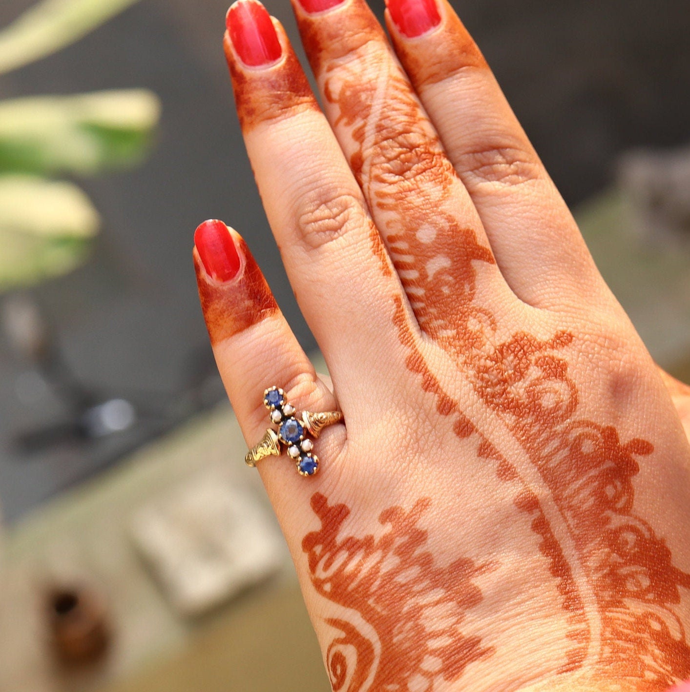 Antique Georgian 9K Yellow Baroque Pearl Sapphire Ring Gold