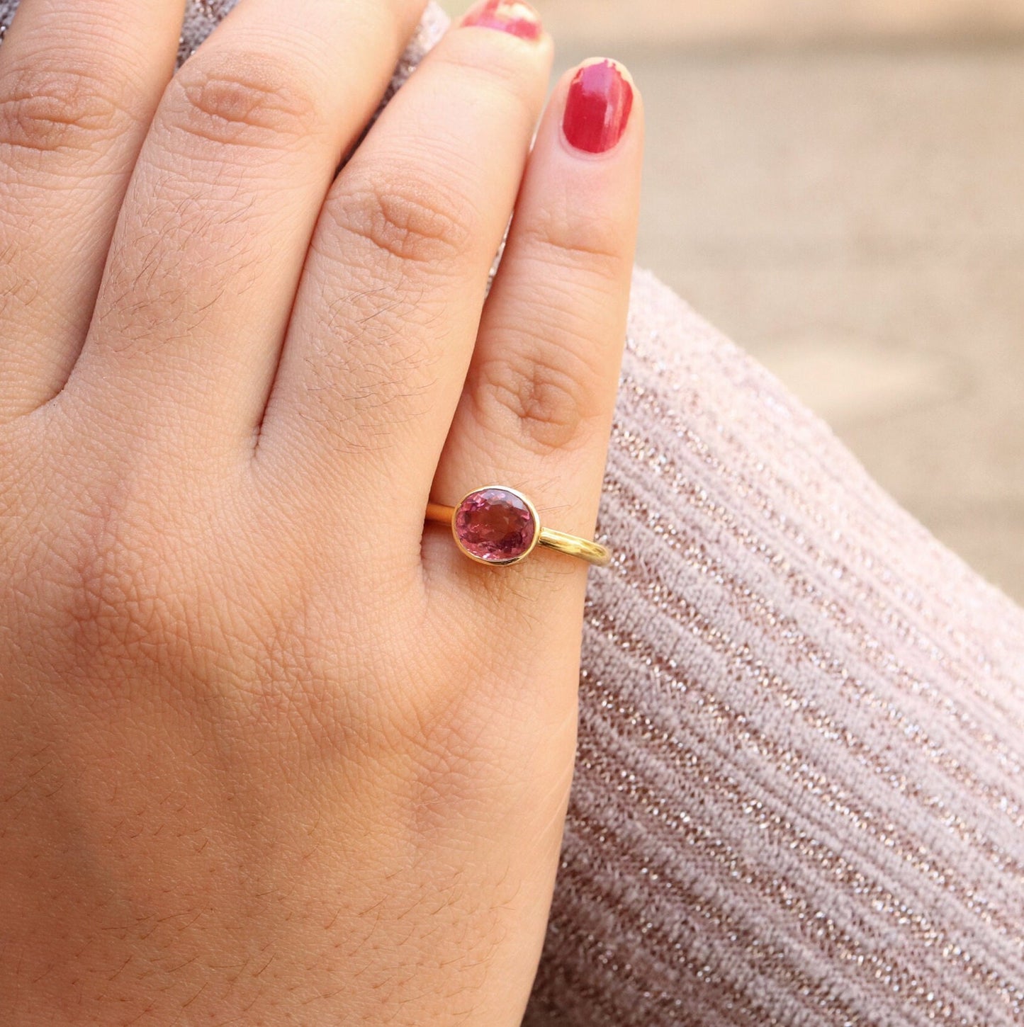 Pink Tourmaline Stacking Ring 18K Gold