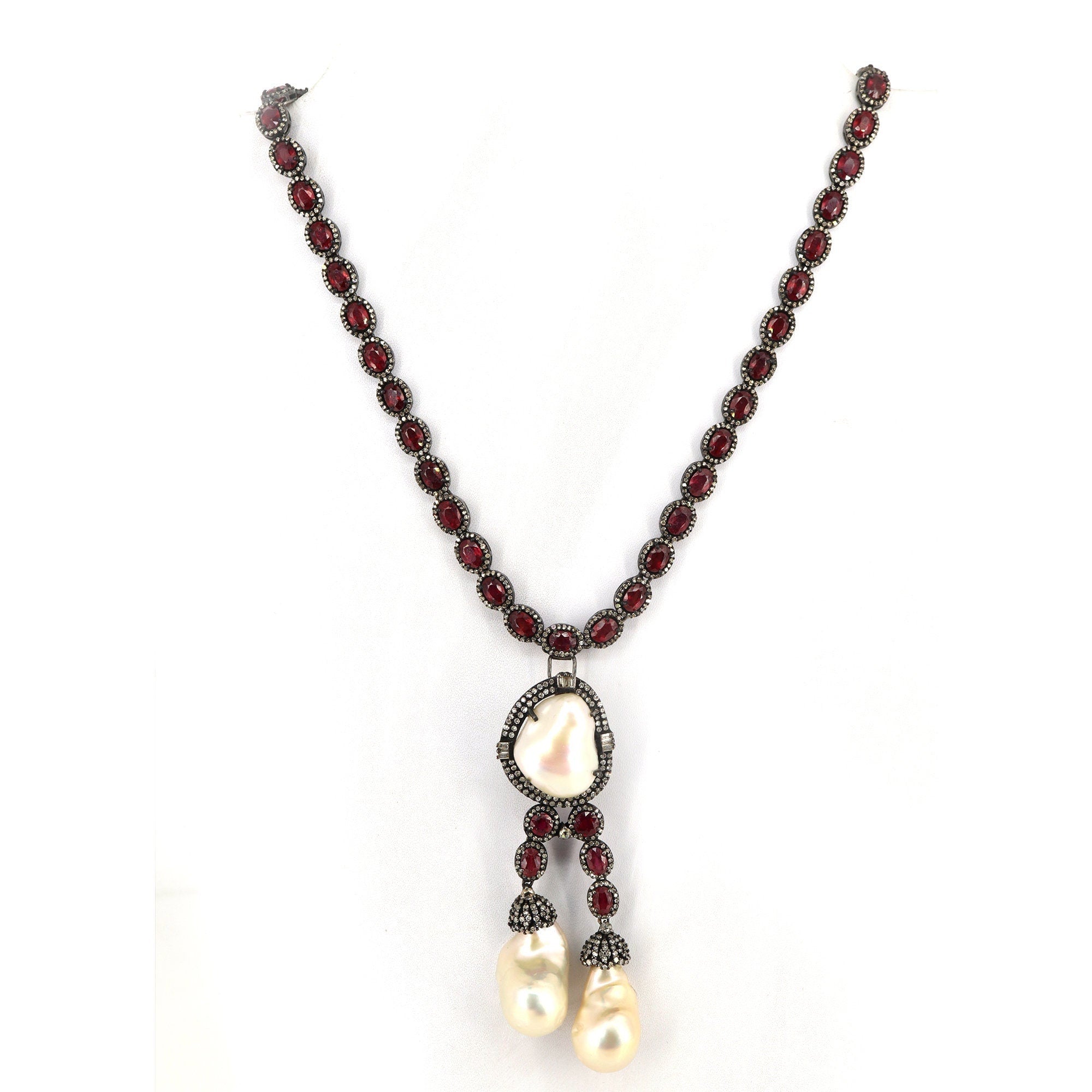 Victorian Style Ruby Baroque Pearl Necklace 14K Gold