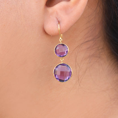 Checker Cut Amethyst Briolette Stone Earring 18K Gold
