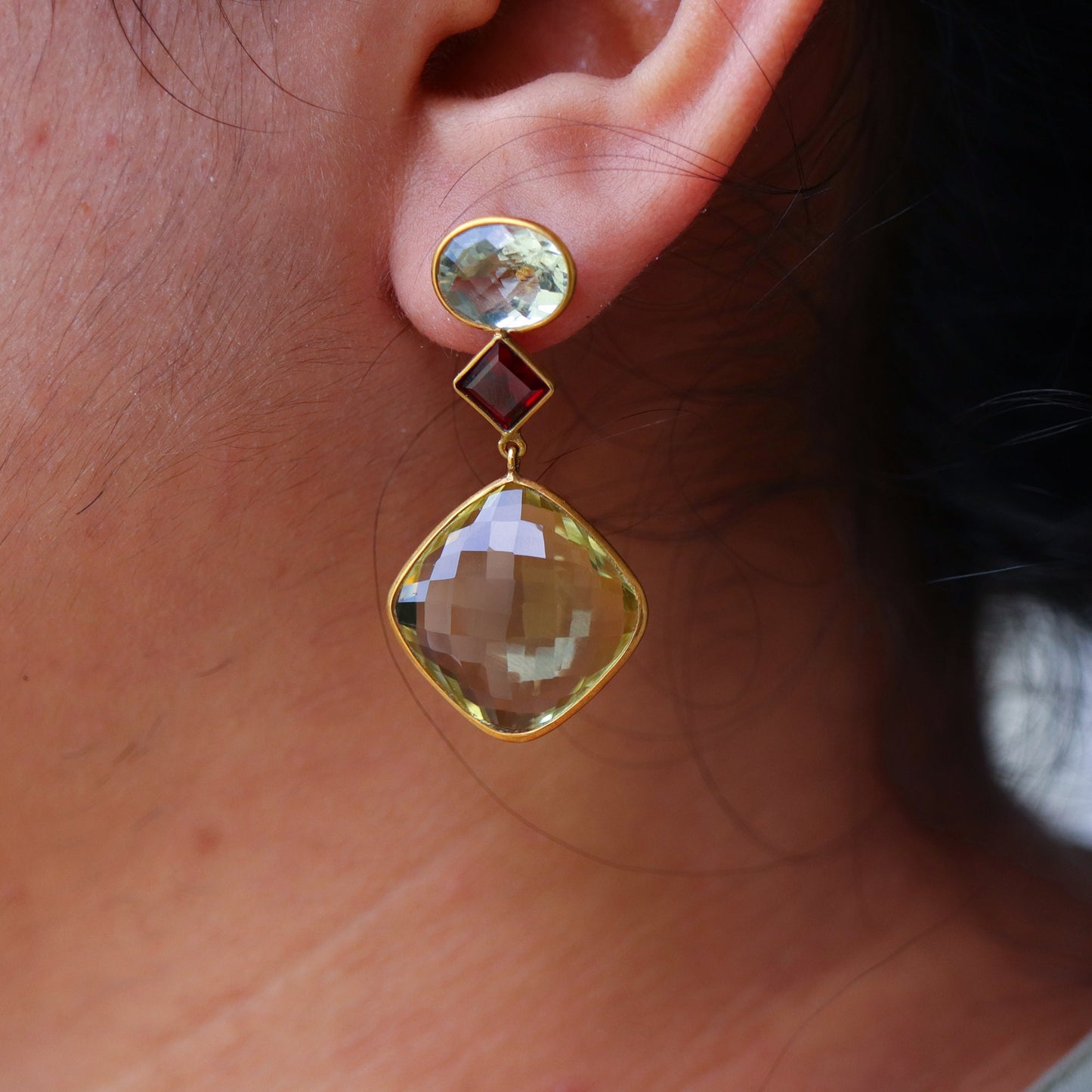 Checker Cut Green Amethyst Earring 18K Gold