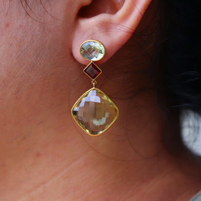 Checker Cut Green Amethyst Earring 18K Gold