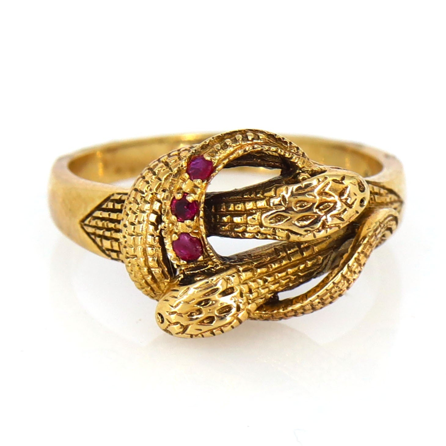 Vintage 9K Double Head Snake Ring Gold