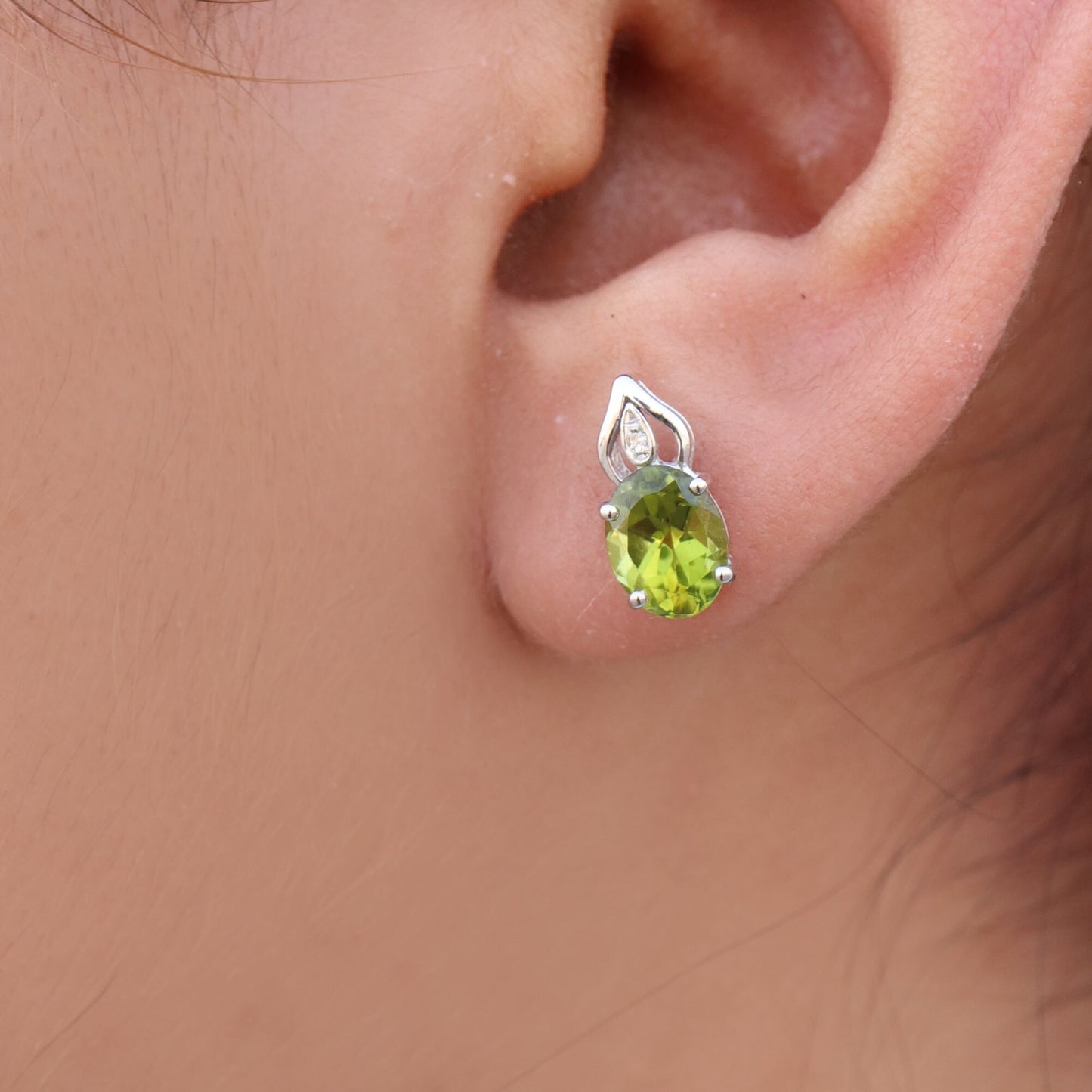 White Studs Peridot Birthday Oval Cut Peridot Green Gemstone Earring 14K Gold