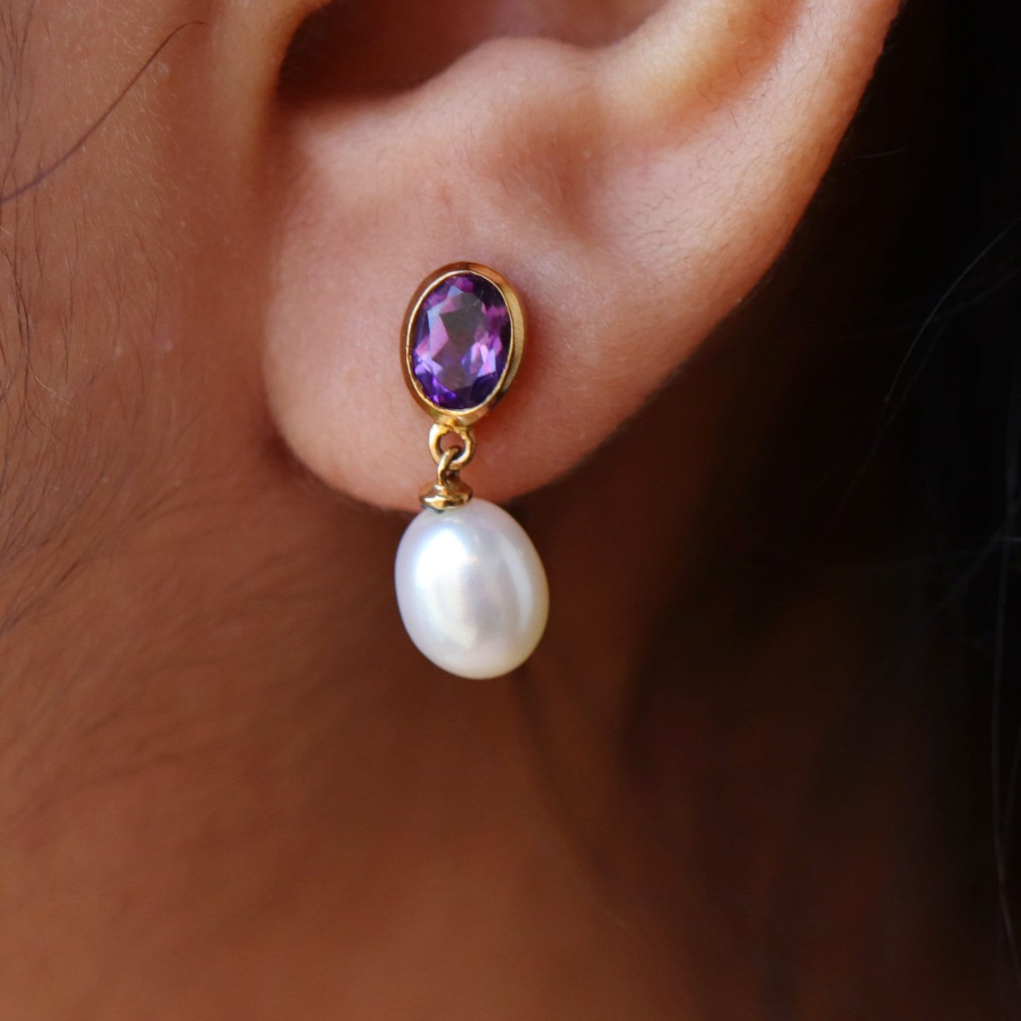 Amethyst Pearl Drop Earring Gold