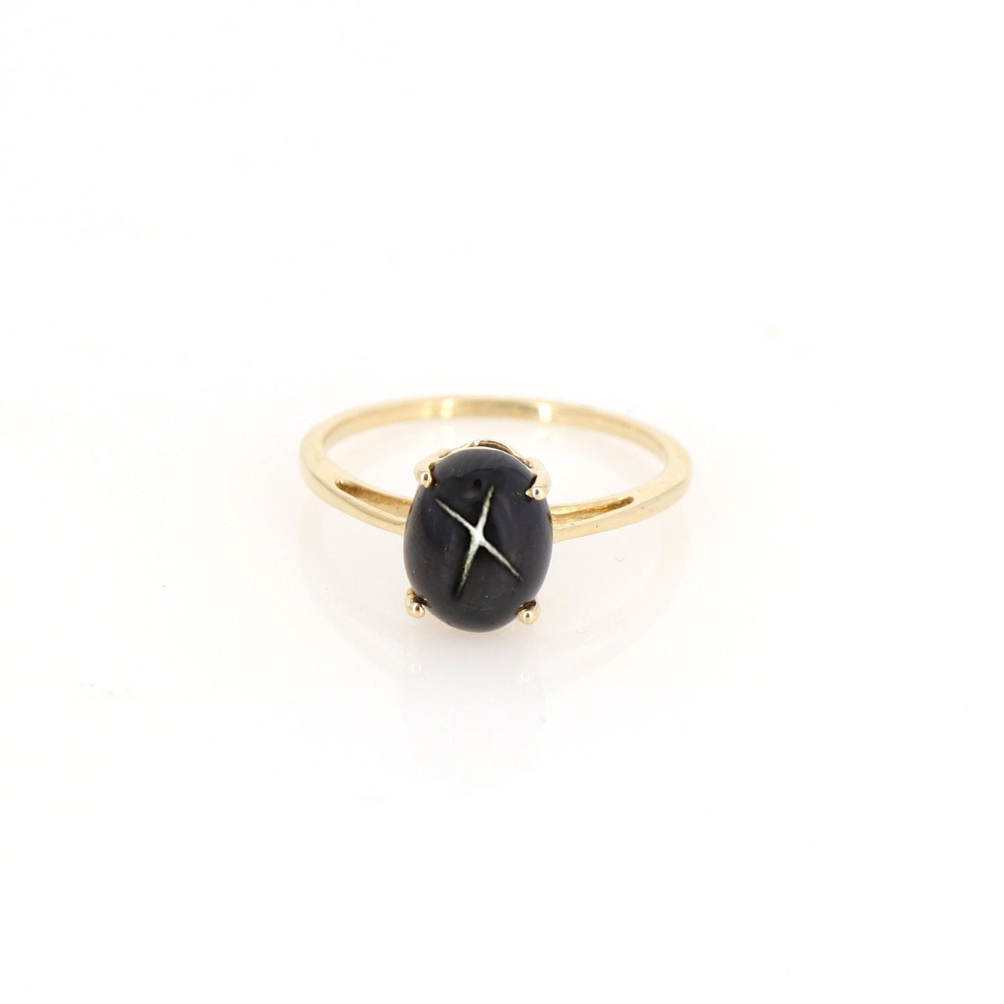 Yellow Oval Shaped Cabochon Black Star Or Star India Semi Precious Gemstone Ring 14K Gold