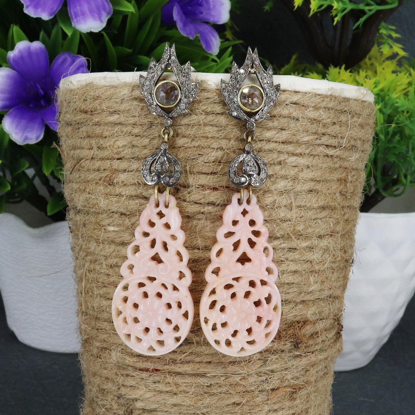 Pink Opal Carvings Color Gemstone Carving Earring