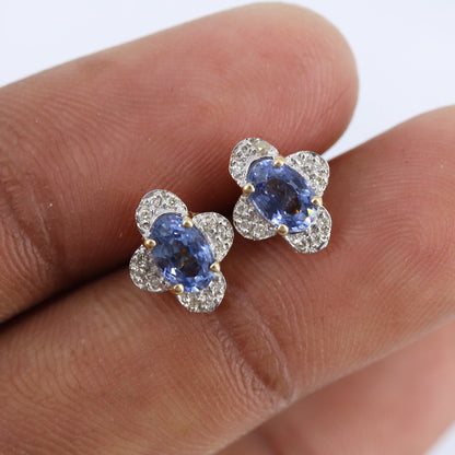 Yellow Studded Oval Cut Blue Sapphire Studs Round Earring 14K Gold