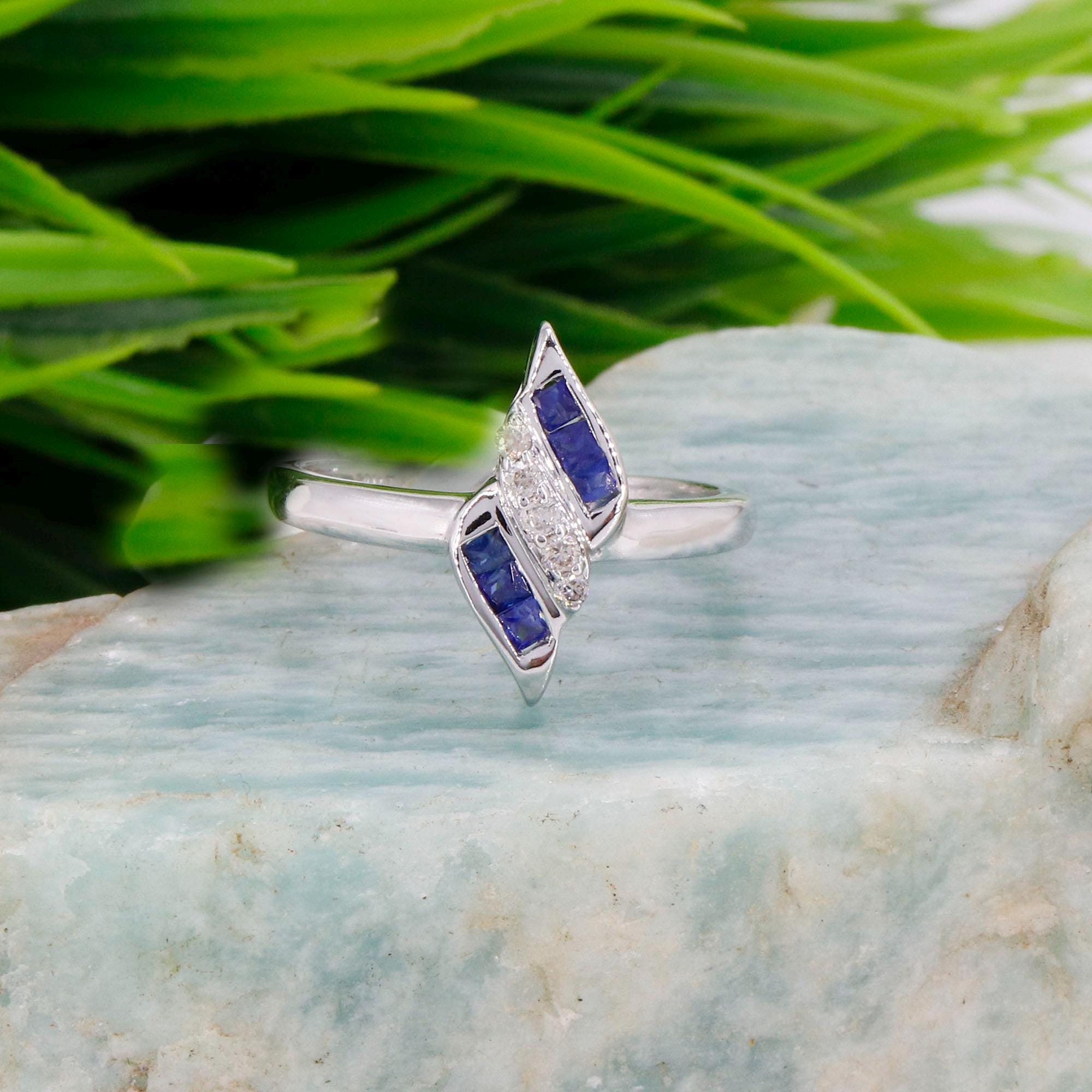 White Deep Blue Color Sapphire Elegant Design Ring 14K Gold