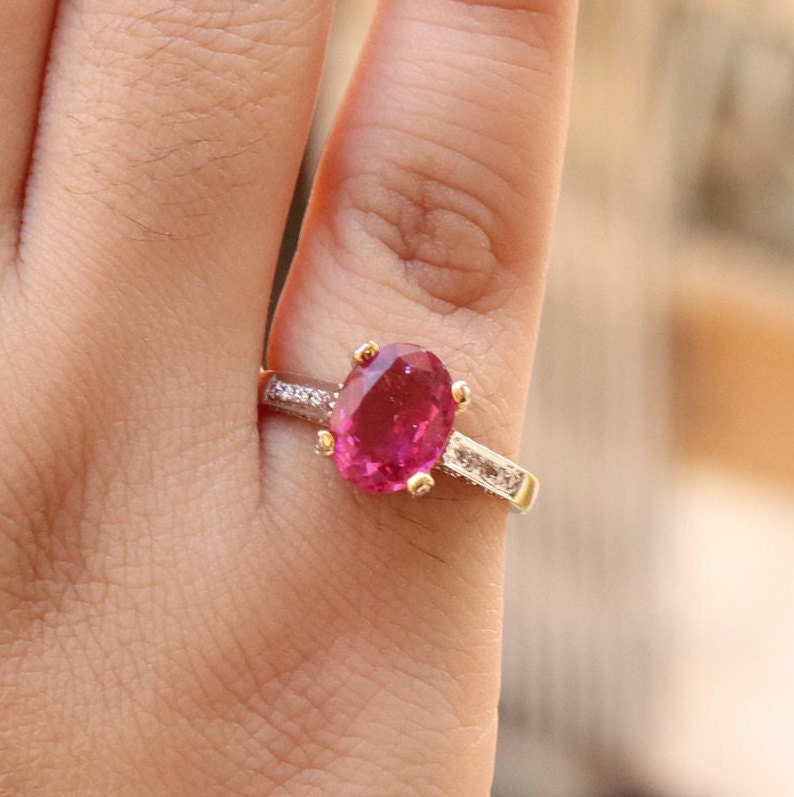 Nice Dark Pink Tourmaline Yellow Ring 18K Gold