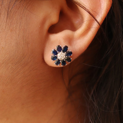 Yellow/White Handmade Emerald/Blue Sapphire Studs Earring 14K Gold