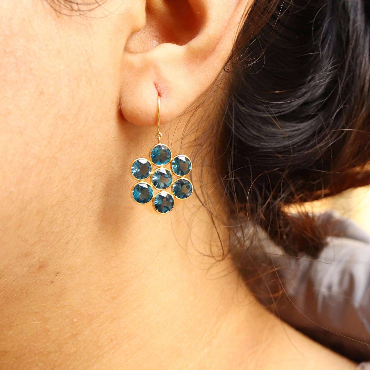 Flower Style Dainty London Blue Topaz Earring 18K Gold