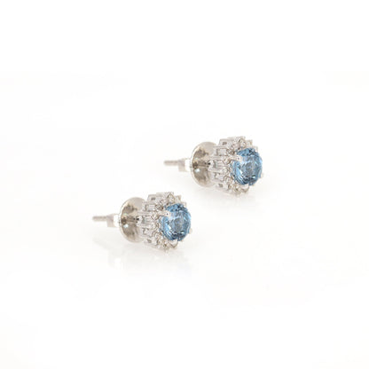 White Studs Studded Genuine Aquamarine & Round Stud Earring 14K Gold