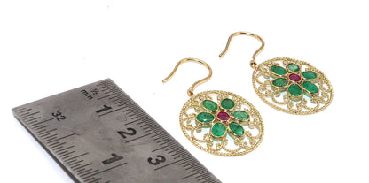 Yellow Handmade Emerald Ruby Hanging Earring 18K Gold