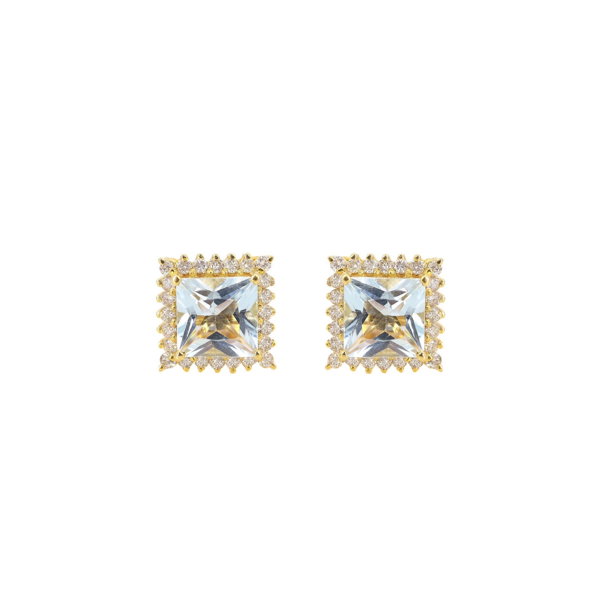 Aquamarine Studs Yellow March Princess Cut Gemstone Earring 14K Gold