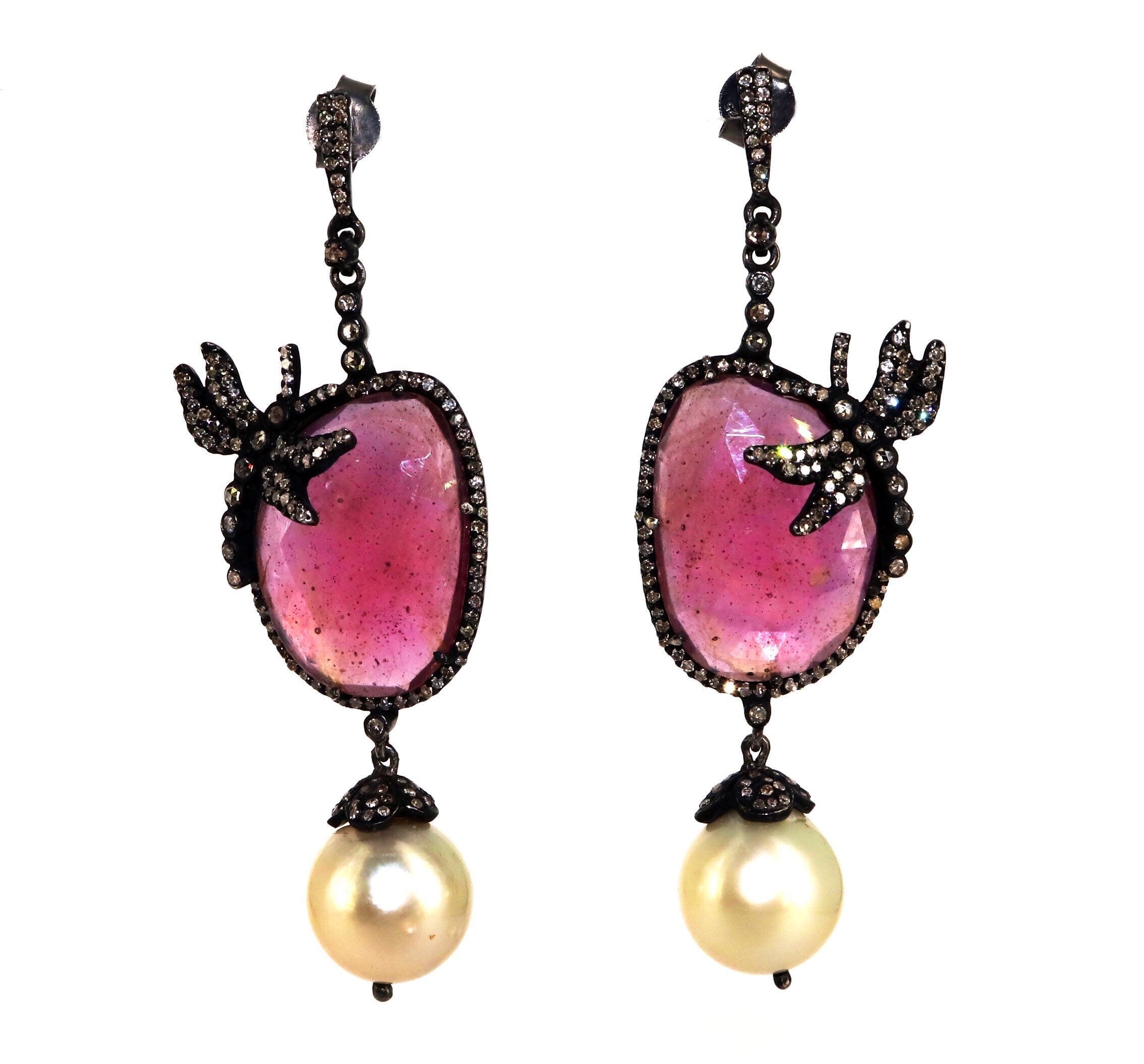 Pink Sapphire Stone Design Pave Genuine Rosecut Earring