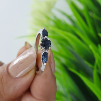 Round & Marquise Cut Gemstone Genuine Blue Sapphire Ring Silver