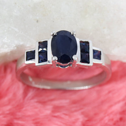 Oval & Square Cut Blue Sapphire 925 Sterling Dainty Ring Silver